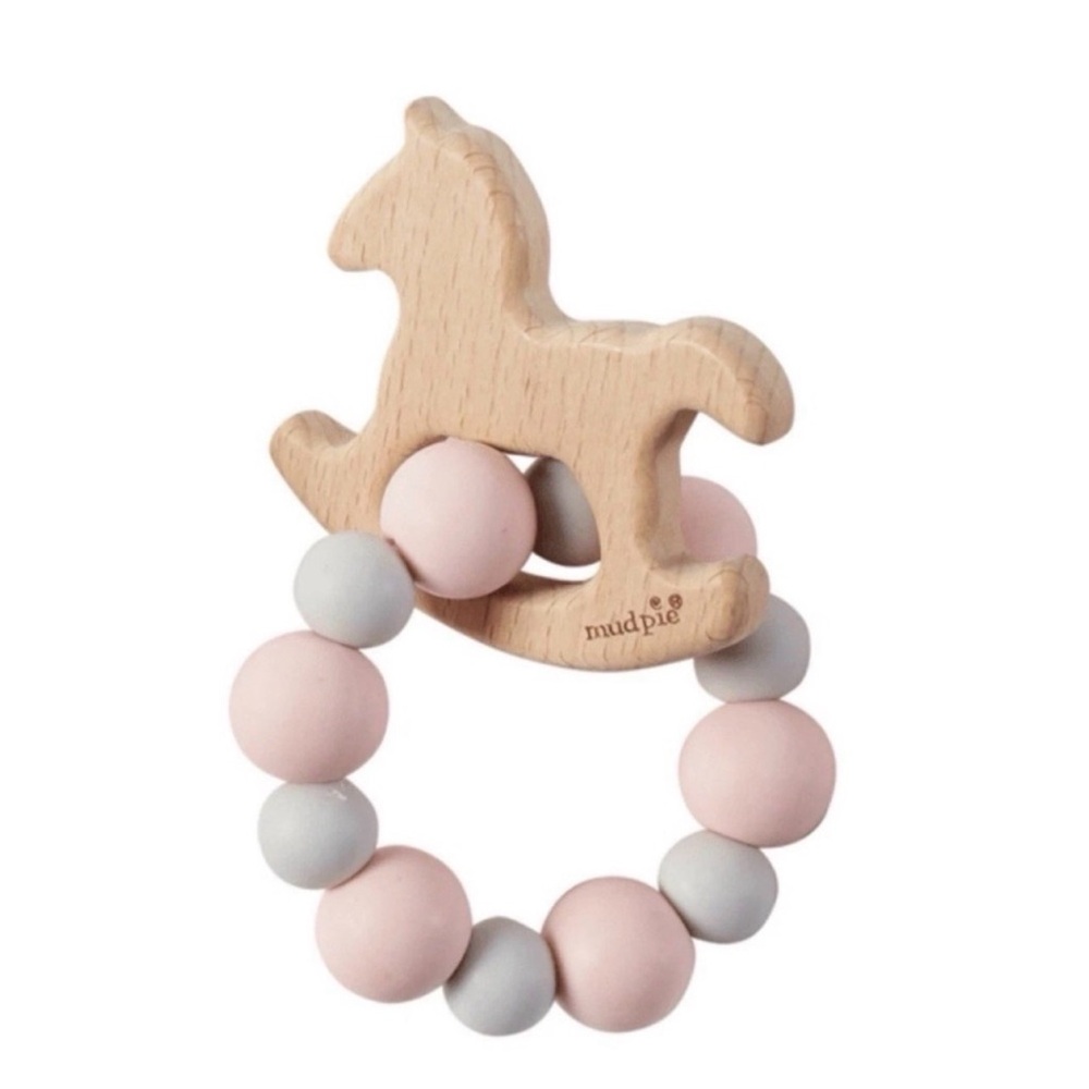 Mud Pie Baby Teether Girls Pink Horse Wood & Silicone BPA Free Baby Shower Gift